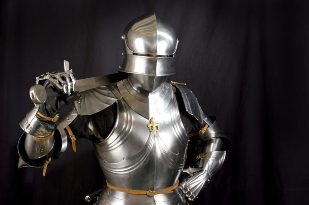 Armor of the medieval knight. Metal protection of the soldier against the weapon of the opponent.