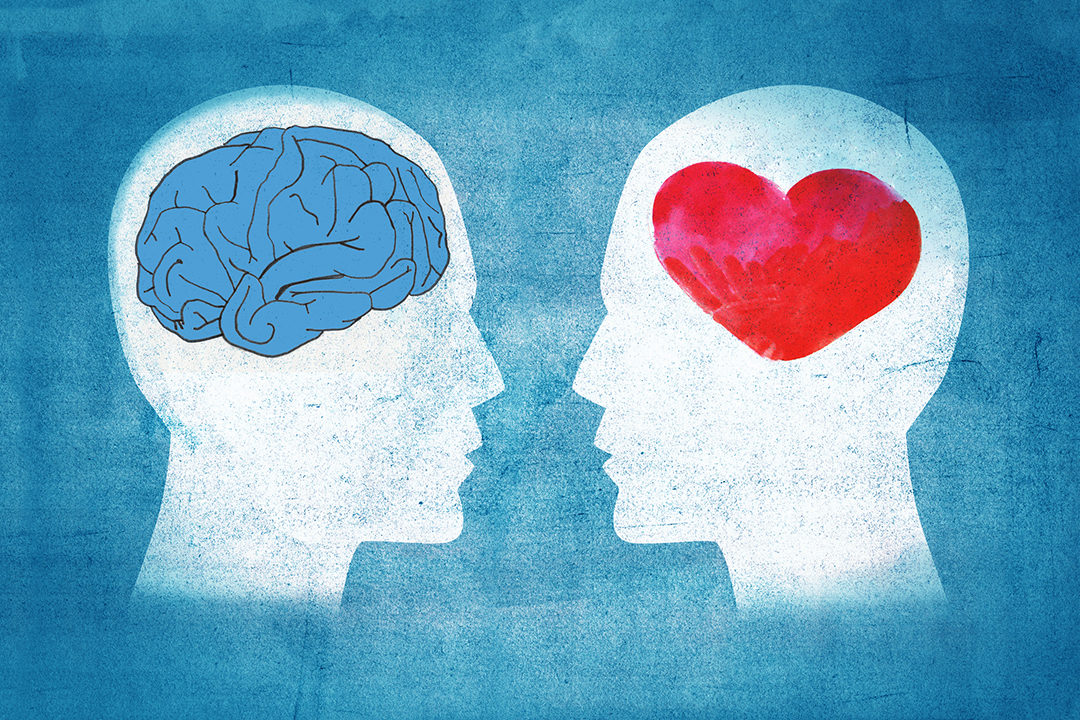 A graphic showing 2 heads one with a brain in one with heart